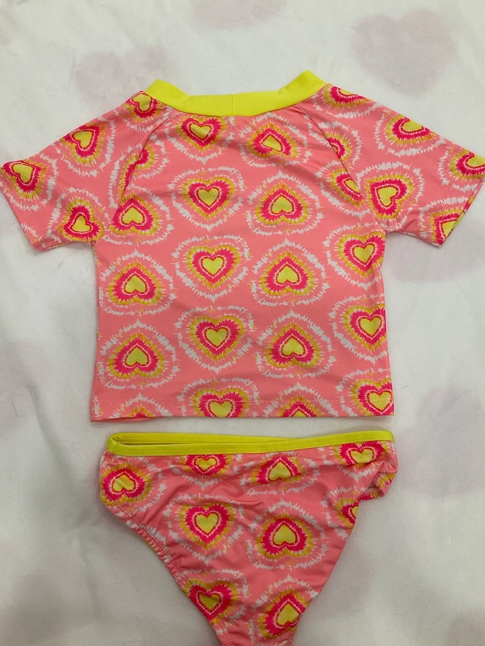 Kids Pink & Yellow Heart Tie-Dye Rash Guard Bikini Set